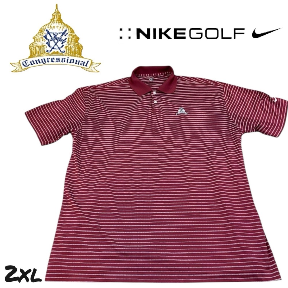 Nike Golf Polo‎ Shirt Men's 2XL Maroon Red/White Stripe US Congressional